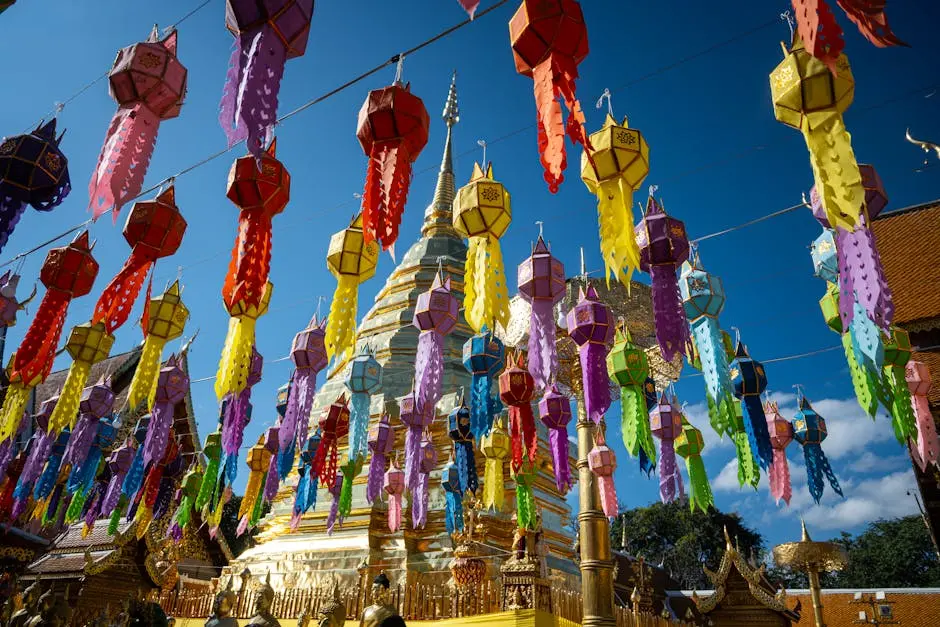 Vibrant Lanterns Adorn Wat Phra That Doi Suthep Showcasing Thai Cultur