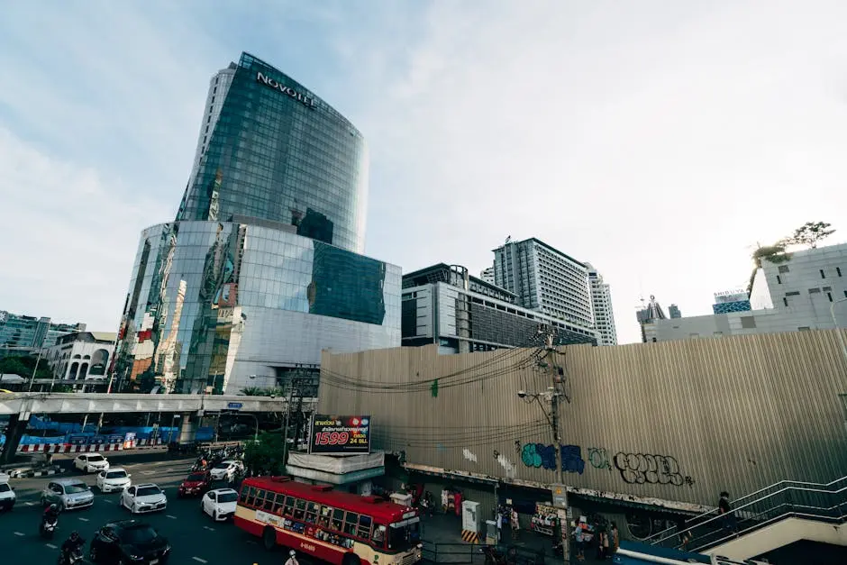 View Of Modern Skyscrapers And Bustling Traffic In Bangkok Thailand